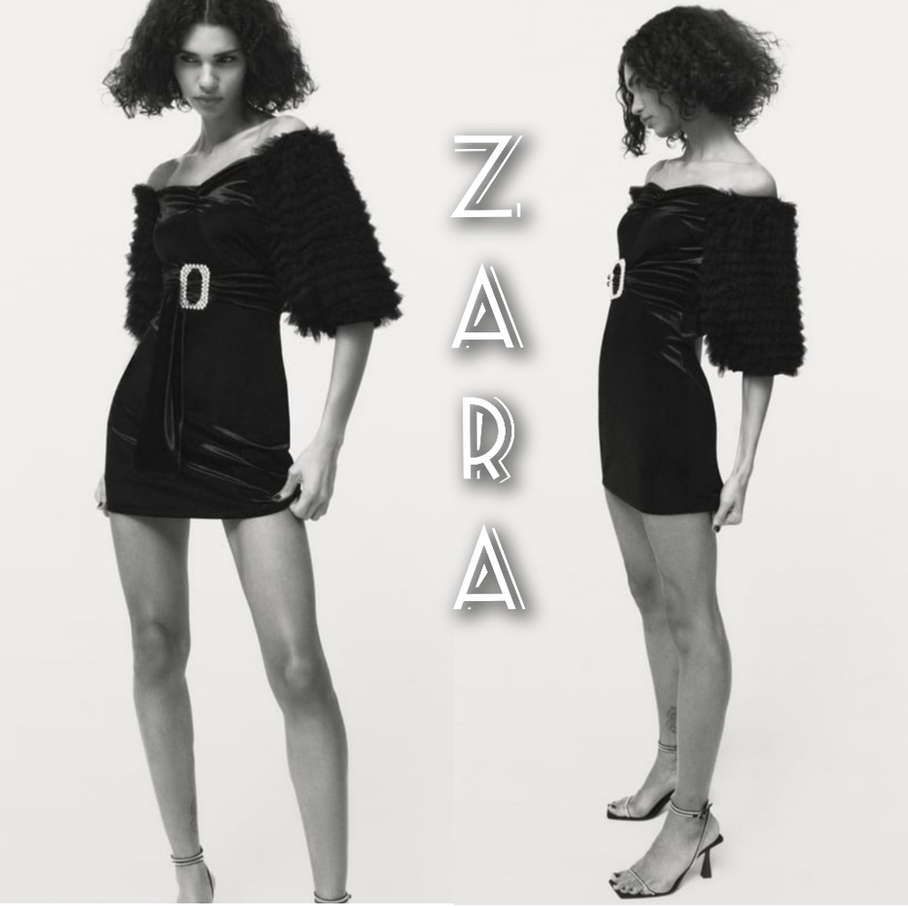 Zara Velvet Little Black Dress with Ballon Sleeves Size Small